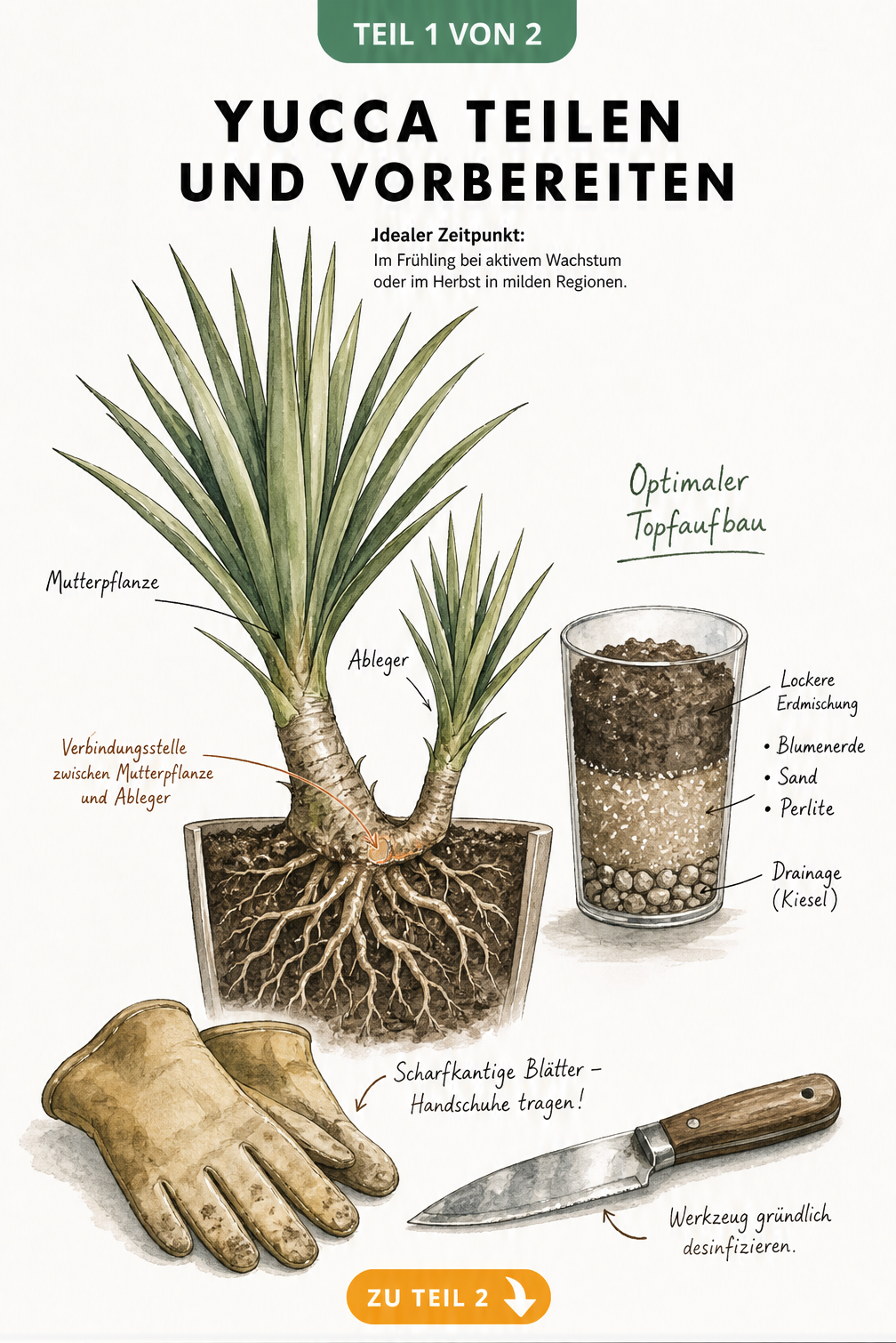 Botanische Schnittdarstellung einer Yucca im Topf mit Mutterpflanze, Ableger, Wurzelwerk und optimalem Topfaufbau