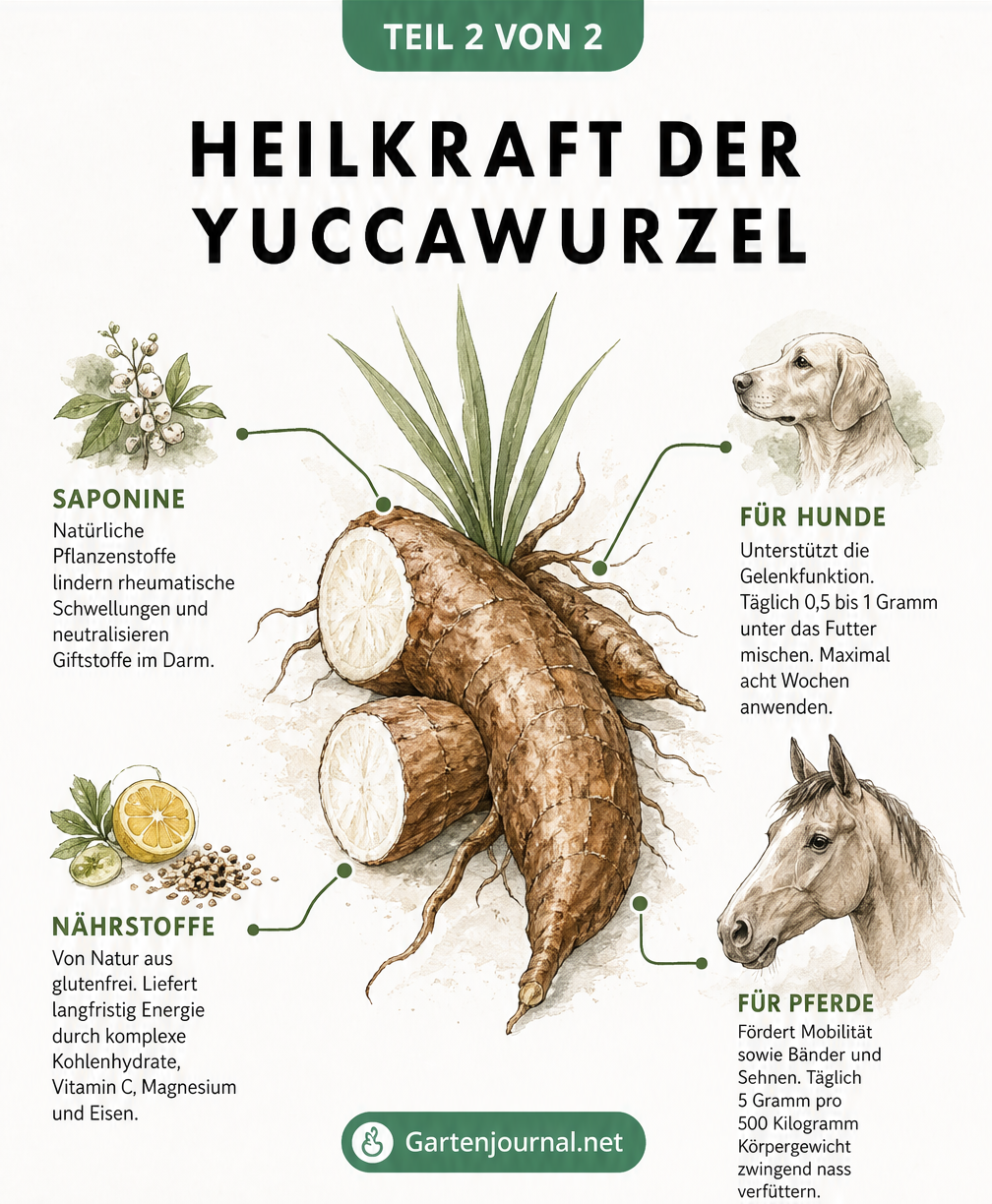 Illustration der Heilkraft der Yuccawurzel mit Fokus auf Saponine, Nährstoffe und die Anwendung bei Hunden und Pferden.