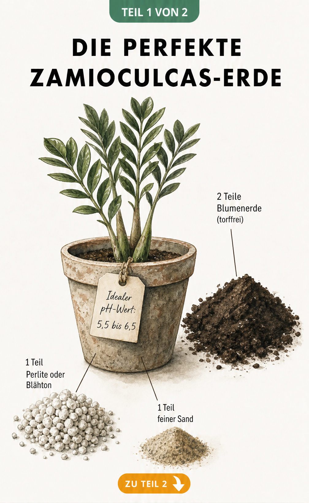 Botanische Illustration eines Pflanztopfes mit Zamioculcas und den Zutaten für die perfekte Erdmischung: Blumenerde, Perlite und Sand.