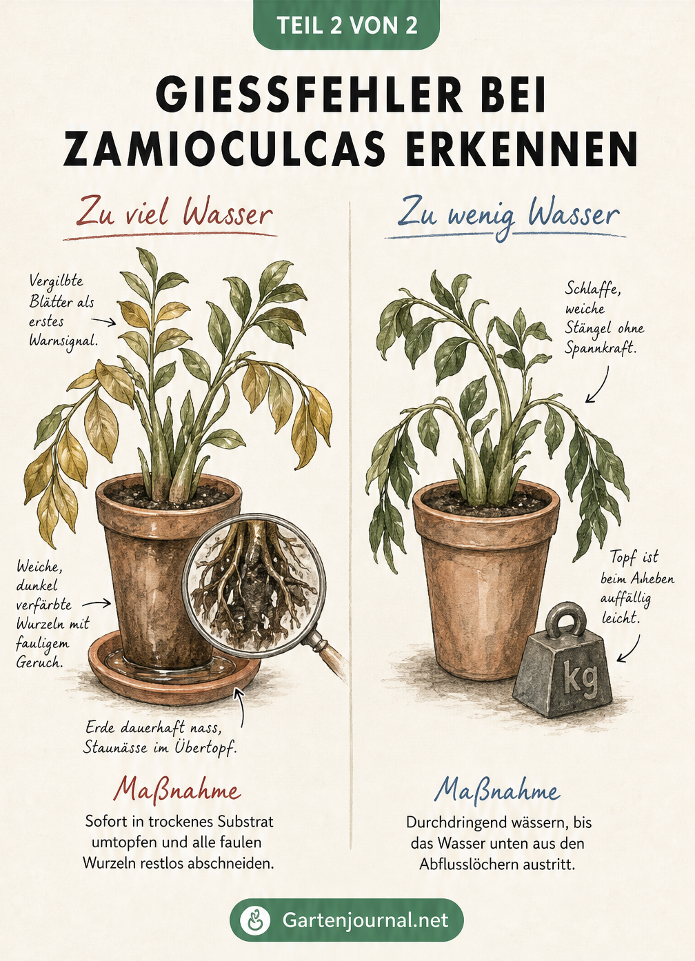 Illustration zweier Zamioculcas-Pflanzen mit Schadbildern durch zu viel und zu wenig Wasser