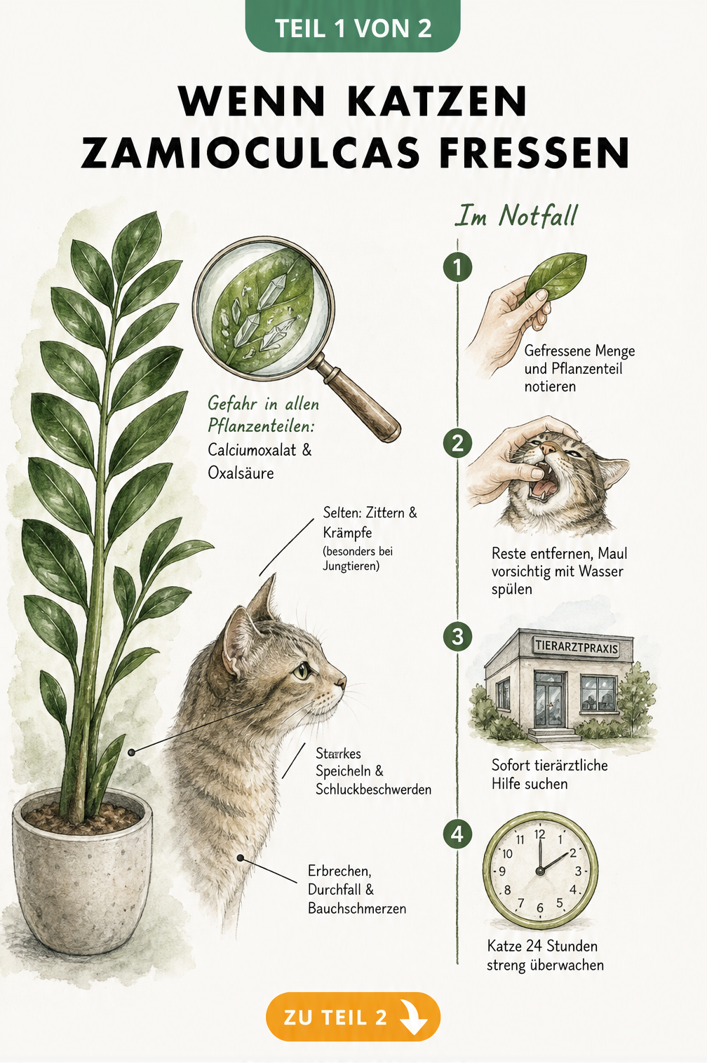 Illustration einer Zamioculcas und einer Katze, die Symptome einer Vergiftung wie Speicheln und Erbrechen zeigt, sowie ein Zeitstrahl für den Notfall.