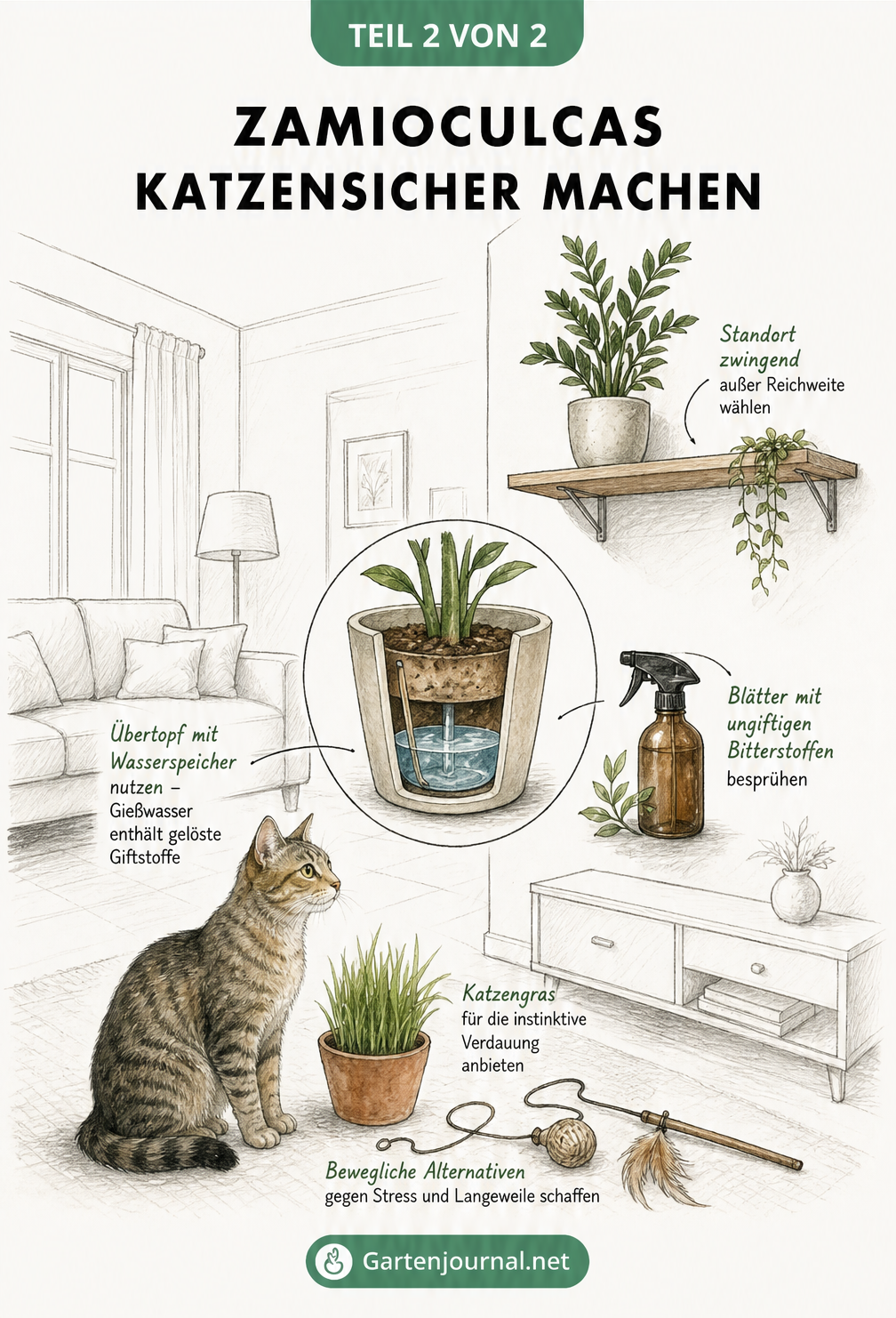 Skizze eines Wohnzimmers mit einer Zamioculcas auf einem hohen Wandregal, einem geschlossenen Bewässerungssystem und Katzengras als Alternative.
