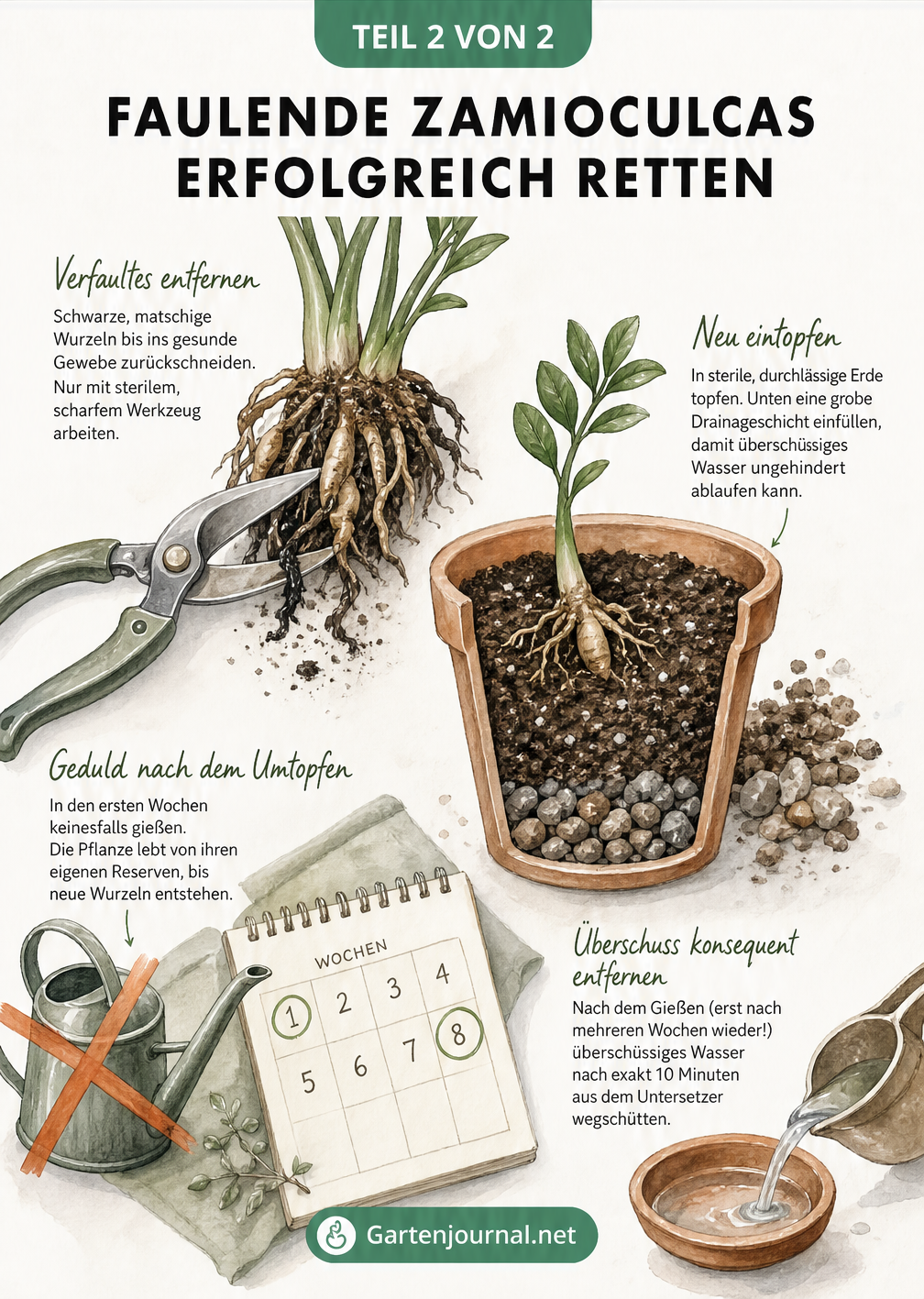 Illustration von Gartenschere, umgetopfter Zamioculcas und Gießkanne mit Kalender