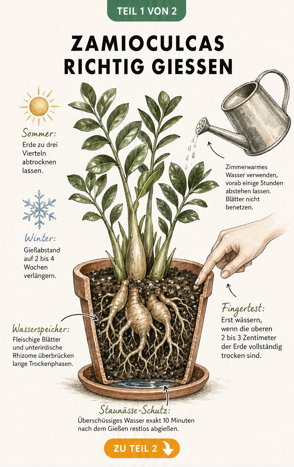 Querschnitt einer Zamioculcas im Tontopf mit Hinweisen zum richtigen Gießen, Fingertest und Wasserspeicher