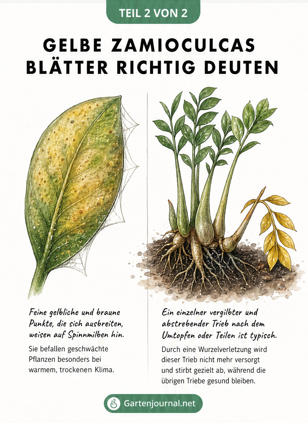 Illustration von Zamioculcas-Schadbildern: Ein Blatt mit Spinnmilbenbefall und eine Pflanze mit einem abgestorbenen Trieb nach dem Umtopfen.