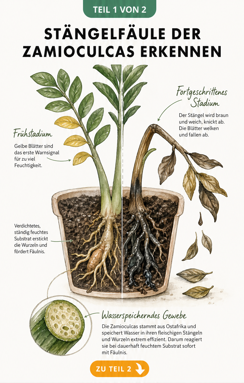 Querschnitt einer Zamioculcas mit gesundem und faulendem Stängel sowie Wurzeln
