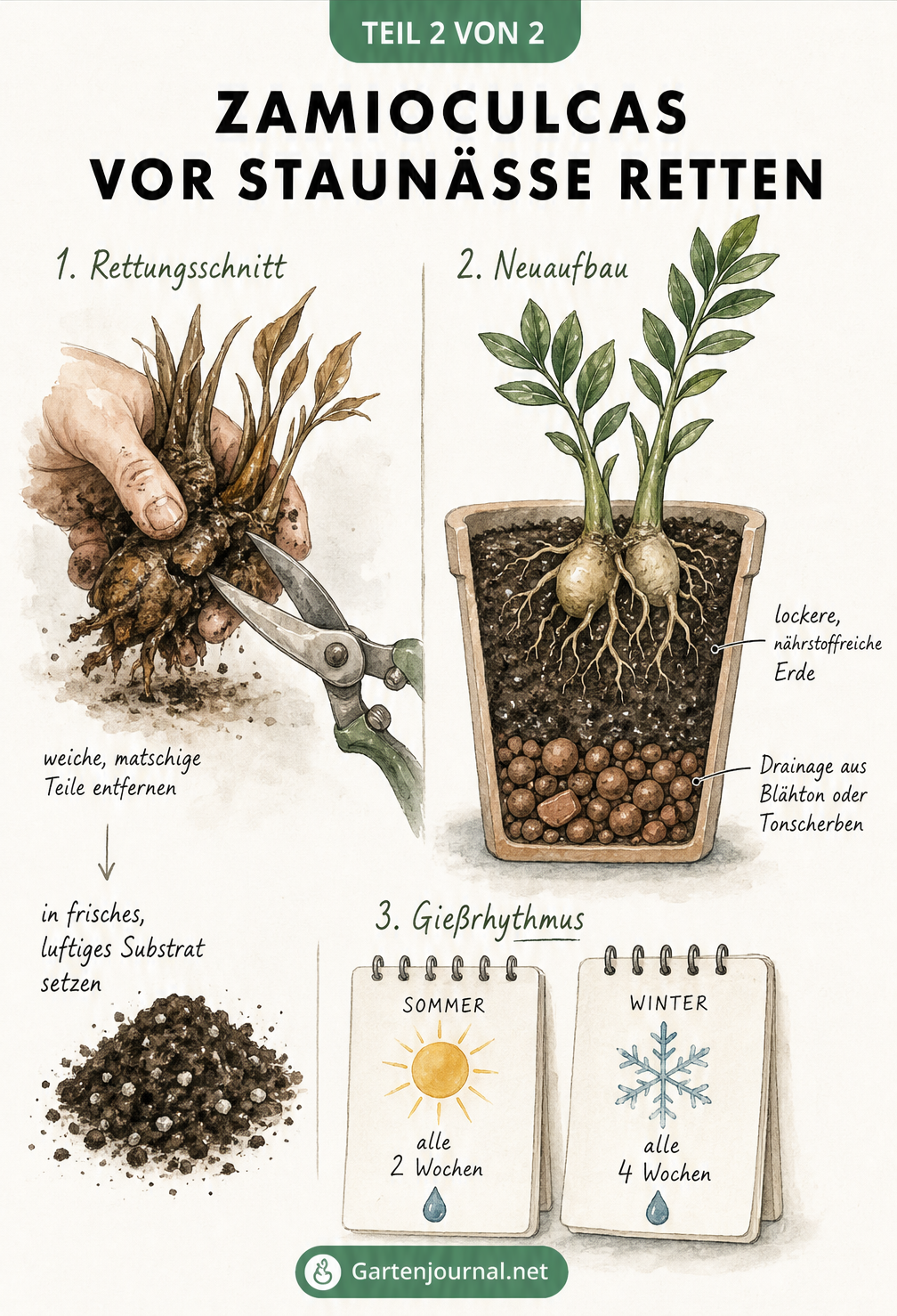 Illustration zum Retten einer Zamioculcas vor Staunässe: Verfaulte Wurzeln abschneiden, Drainage im Topf anlegen und Gießrhythmus anpassen.