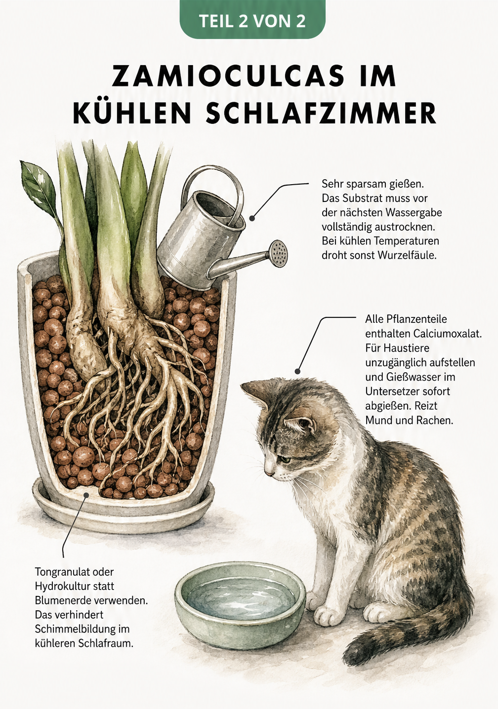 Schnittbild einer Zamioculcas in Tongranulat neben einer Katze mit Hinweisen zu Gießen und Giftigkeit