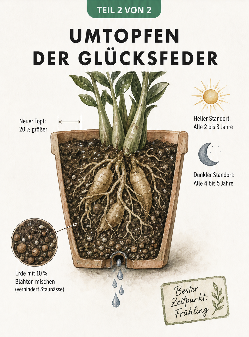 Querschnitt eines Pflanztopfes mit Zamioculcas-Rhizomen, der den idealen Abstand zur Topfwand und die Drainage-Schicht zeigt.