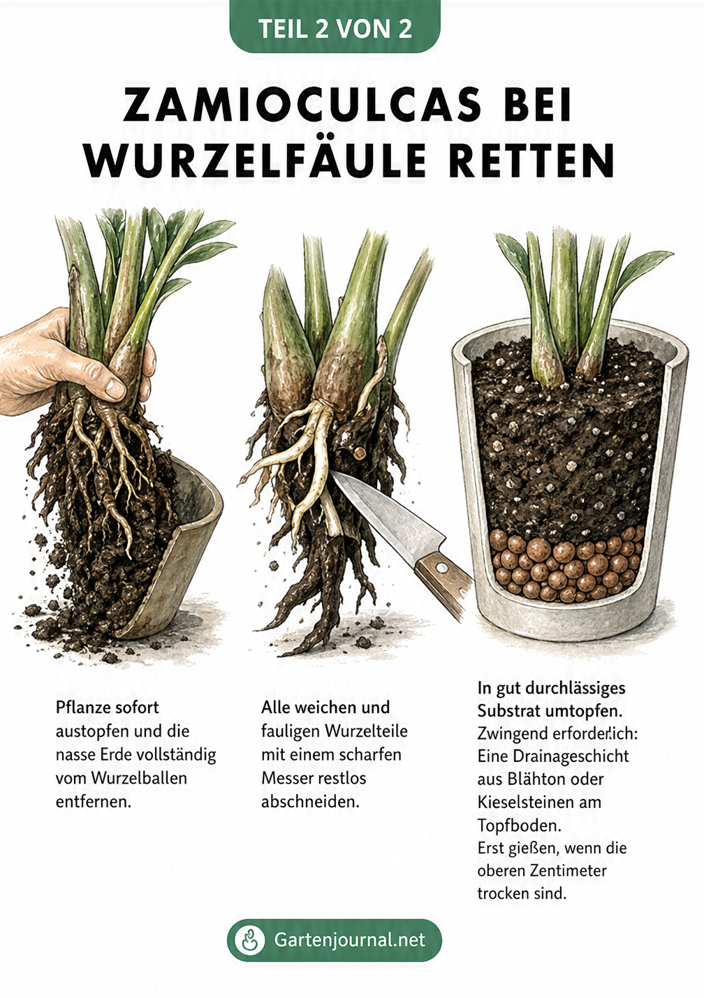 Drei Schritte zur Rettung einer Zamioculcas bei Wurzelfäule: Austopfen, faulige Wurzeln abschneiden und mit Drainage neu einpflanzen