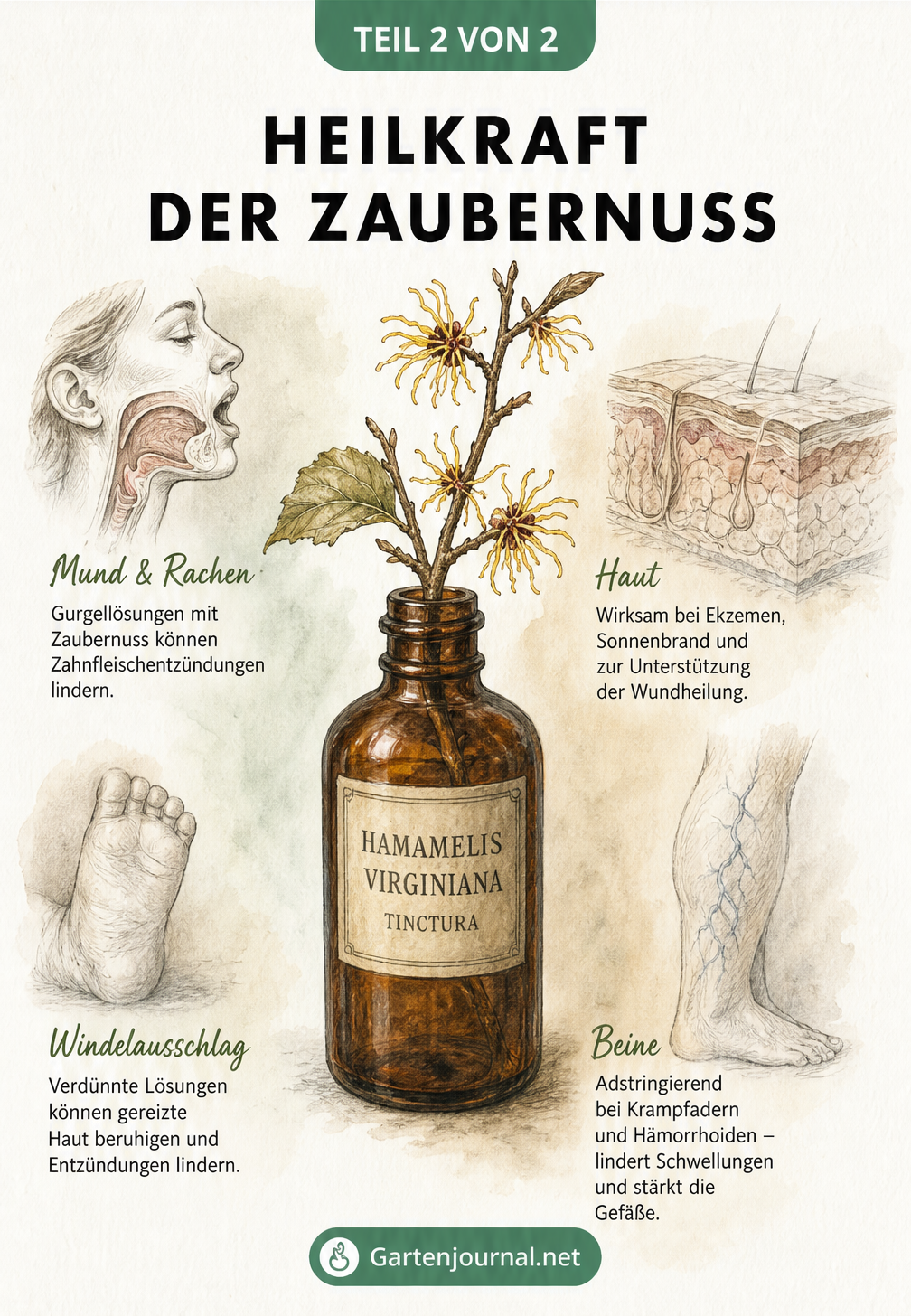 Illustration einer Apothekerflasche mit Zaubernuss-Zweig und Skizzen zur Anwendung bei Zahnfleischentzündungen, Windelausschlag, Ekzemen und Krampfadern.