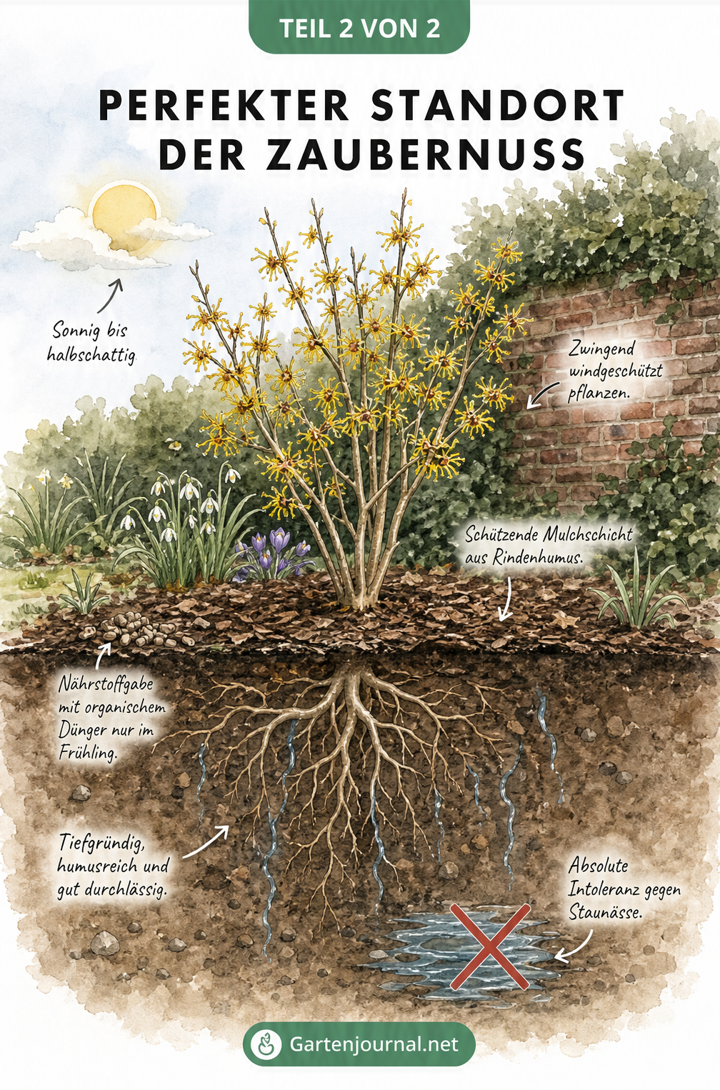 Illustration einer blühenden Zaubernuss in einer Gartenlandschaft mit Hinweisen zum idealen Standort, Boden und Windschutz