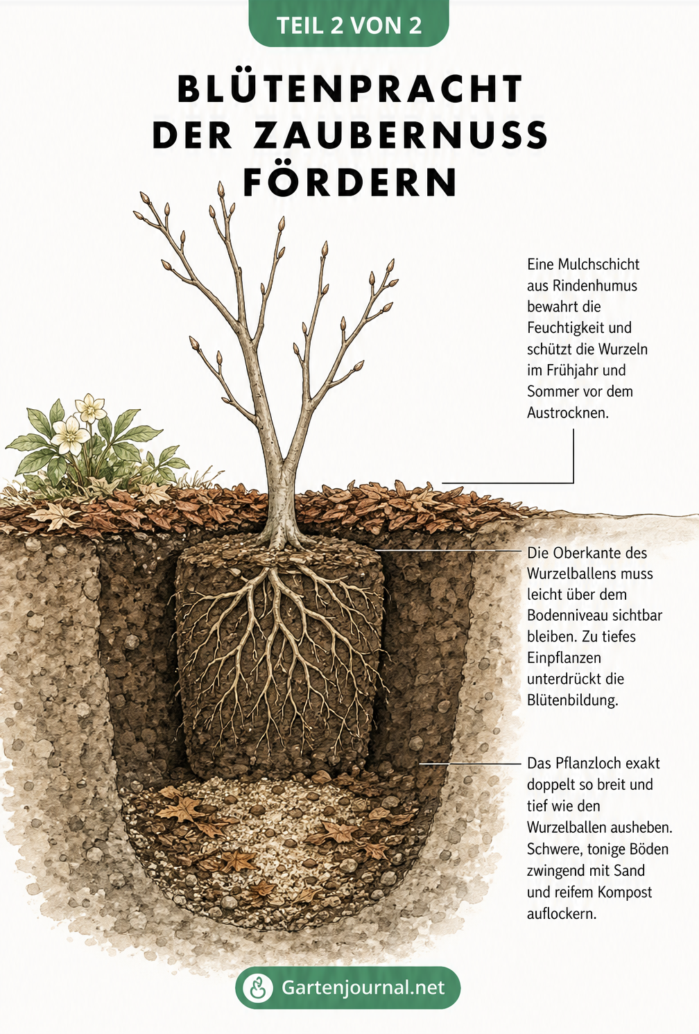 Querschnitt-Darstellung eines Zaubernuss-Wurzelballens im Erdreich, die optimale Pflanztiefe, Mulchschicht und Bodenauflockerung zeigt.