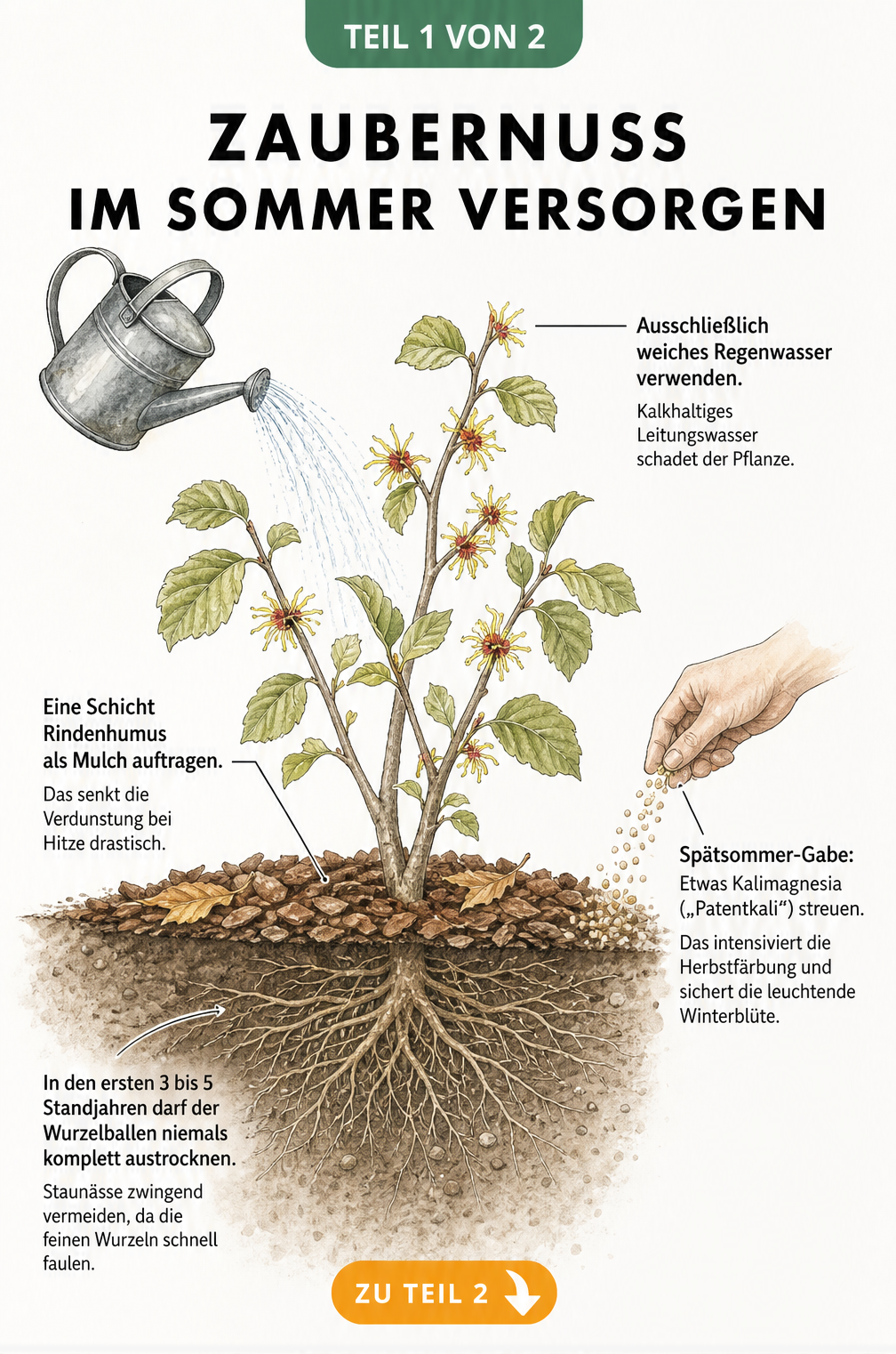 Botanische Illustration der Zaubernuss im Sommer mit Gießkanne, Mulchschicht und flachem Wurzelwerk im Erdschnitt
