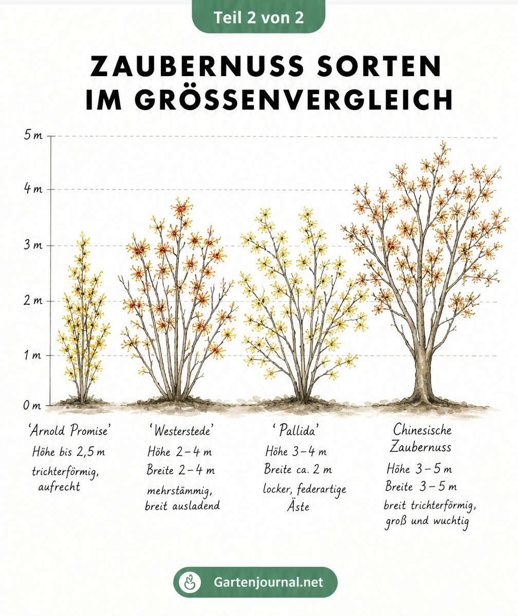 Größenvergleich von vier Zaubernuss-Sorten: Arnold Promise, Westerstede, Pallida und Chinesische Zaubernuss