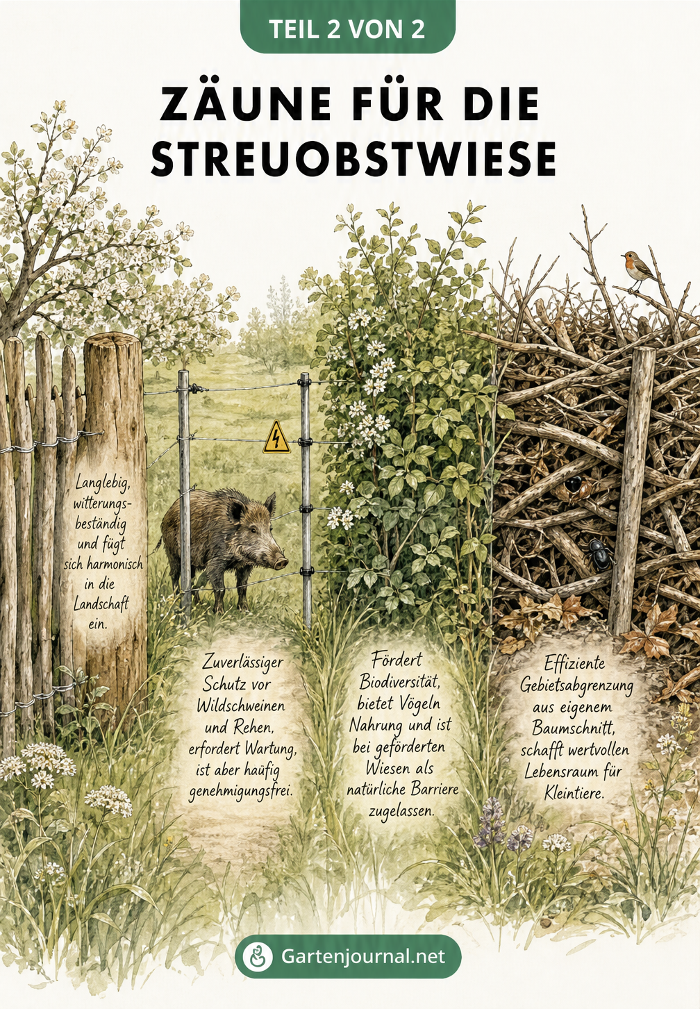 Botanische Illustration verschiedener Zaunarten für Streuobstwiesen: Holzzaun, Elektrozaun, Naturhecke und Totholzhecke, mit Erklärungen zu ihren Funktionen.