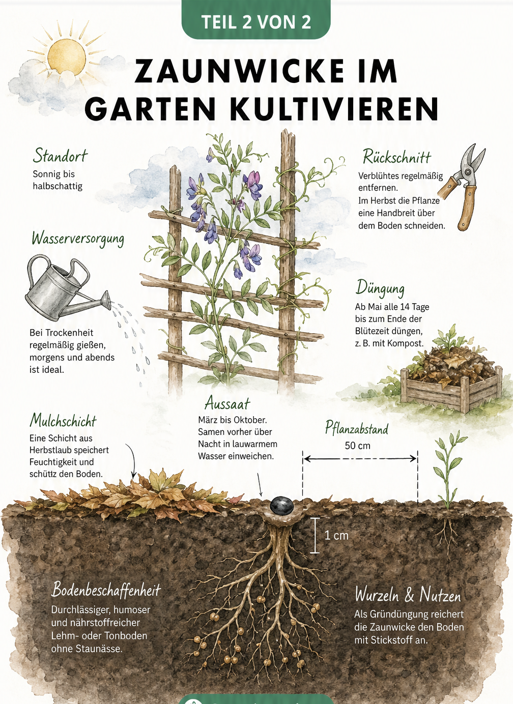 Querschnitt eines Gartenbeets mit Zaunwicke, Bodenbeschaffenheit, Aussaat und Pflegehinweisen