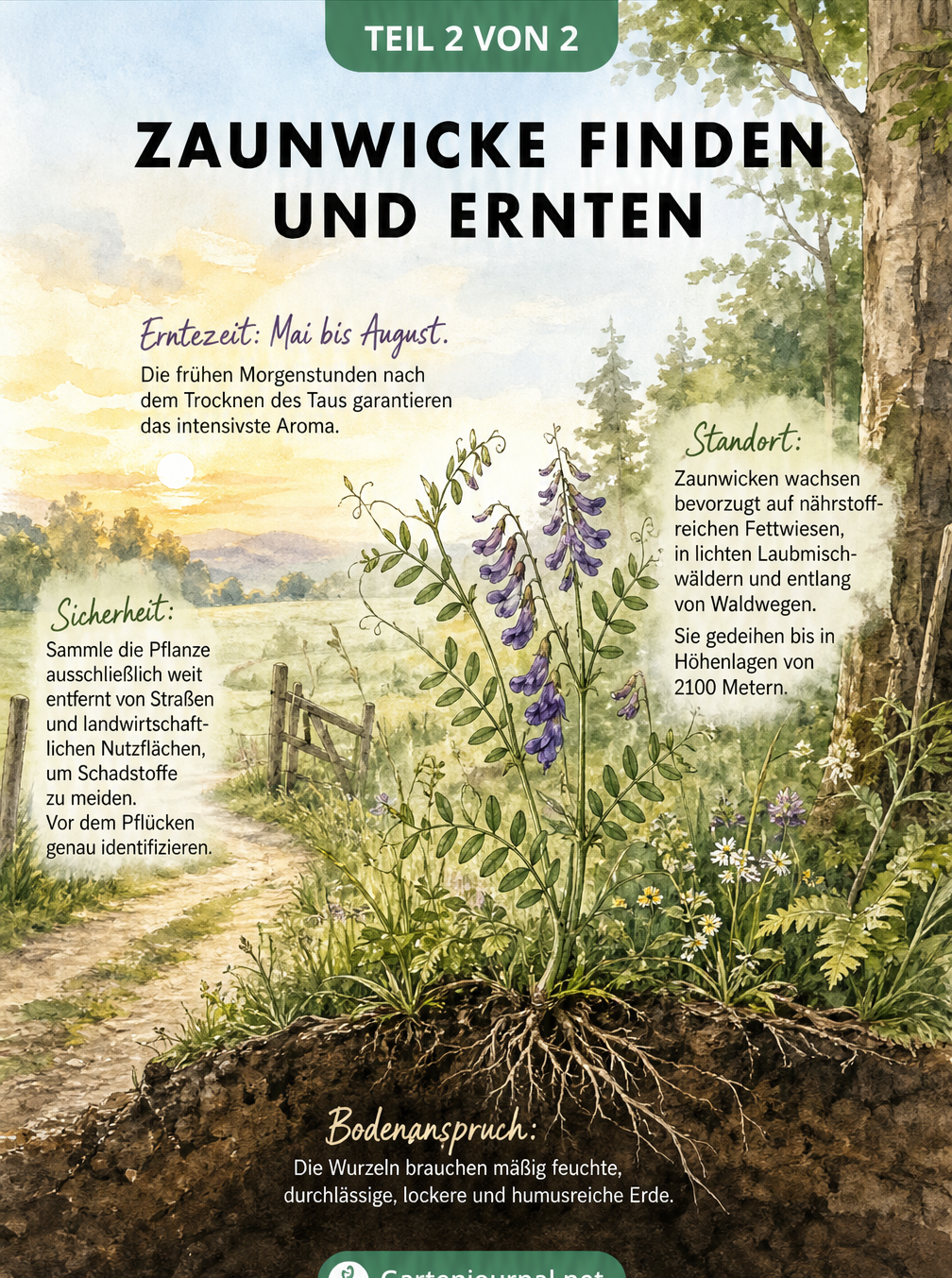 Aquarell-Landschaft mit einer Zaunwicke am Waldrand, inklusive Informationen zu Erntezeit, idealem Standort und Bodenansprüchen.