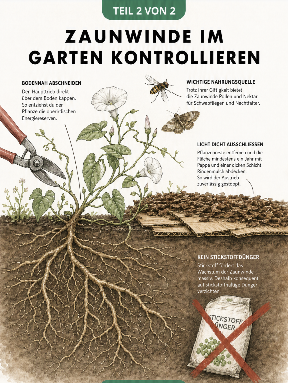 Querschnitt eines Gartenbeets mit Zaunwinde, das mechanische Bekämpfung, Abdeckung und das tiefreichende Rhizom zeigt