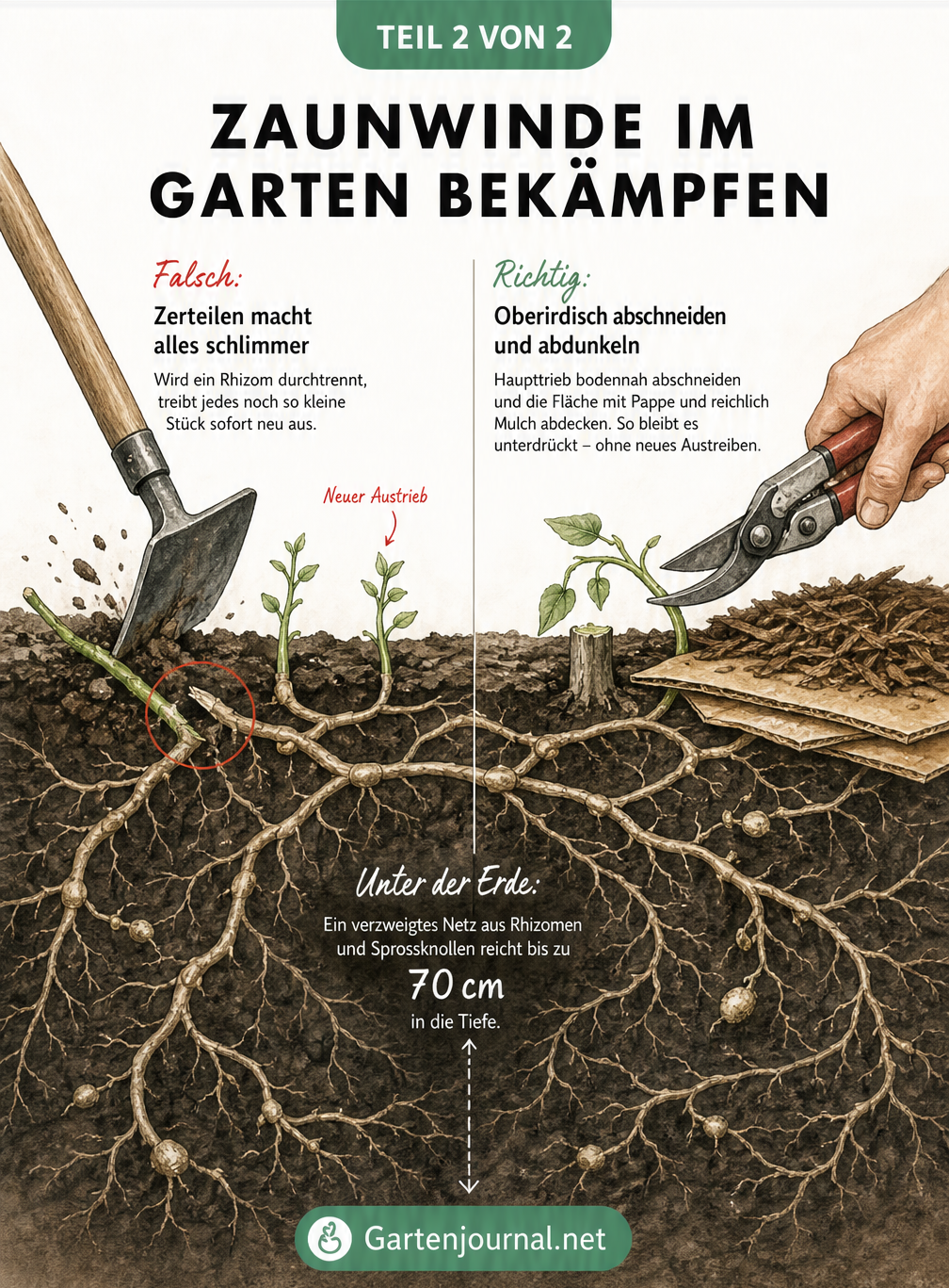 Querschnitt durch das Erdreich mit dem tiefen Rhizomgeflecht der Zaunwinde, das falsches Hacken und richtiges Abschneiden mit Mulchen zeigt.