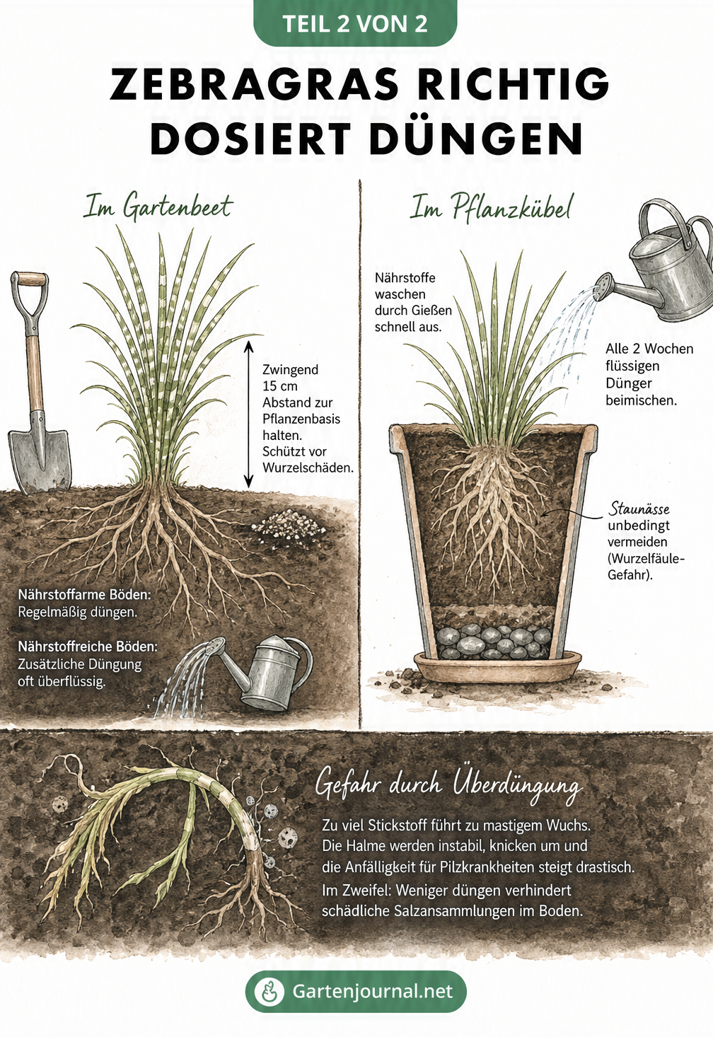 Querschnitt durch das Erdreich zeigt die richtige Dosierung und den Abstand beim Düngen von Zebragras im Gartenbeet und Pflanzkübel