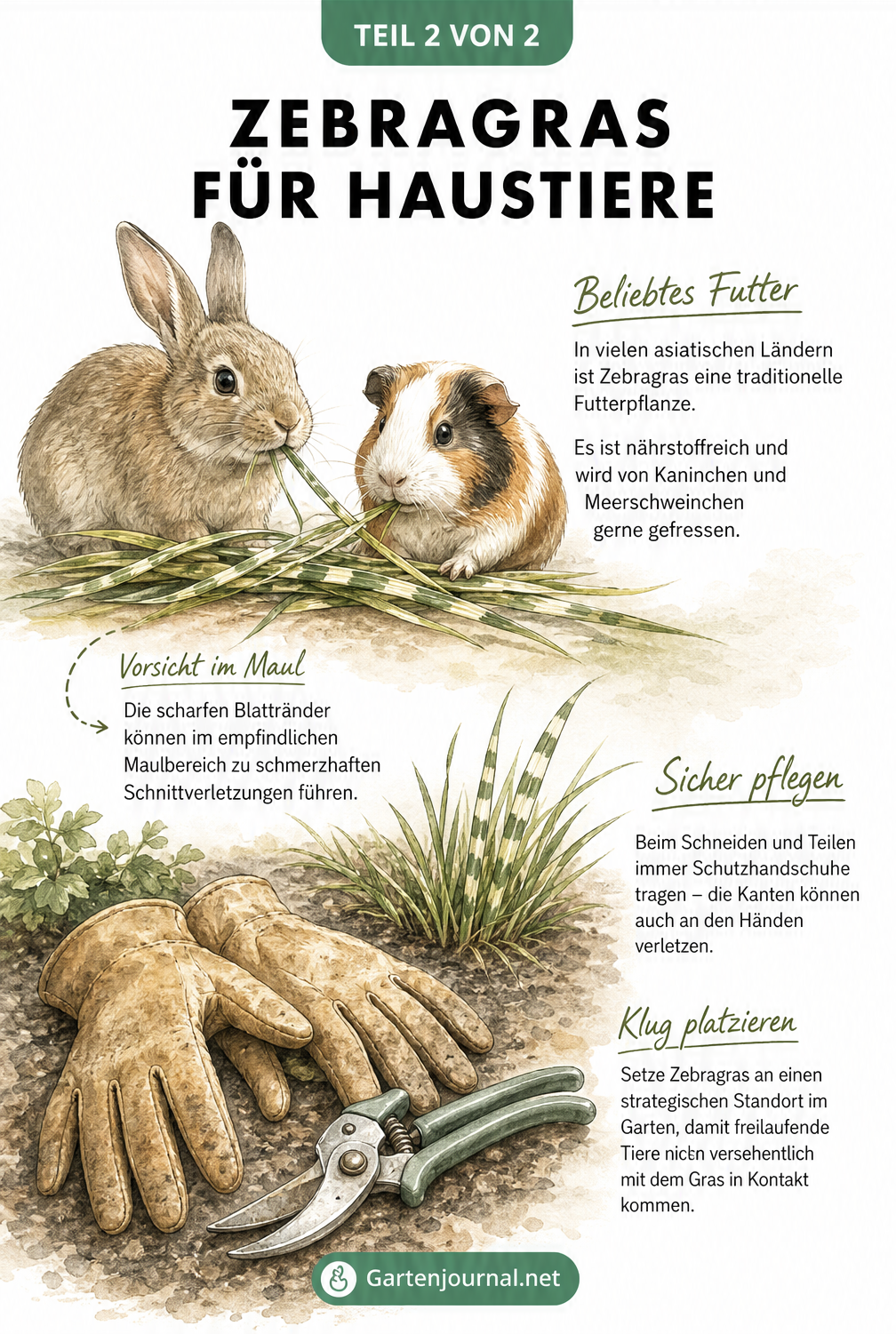 Aquarell-Illustration von Kaninchen und Meerschweinchen, die Zebragras fressen, sowie Gartenhandschuhe und Schere für die sichere Pflege.