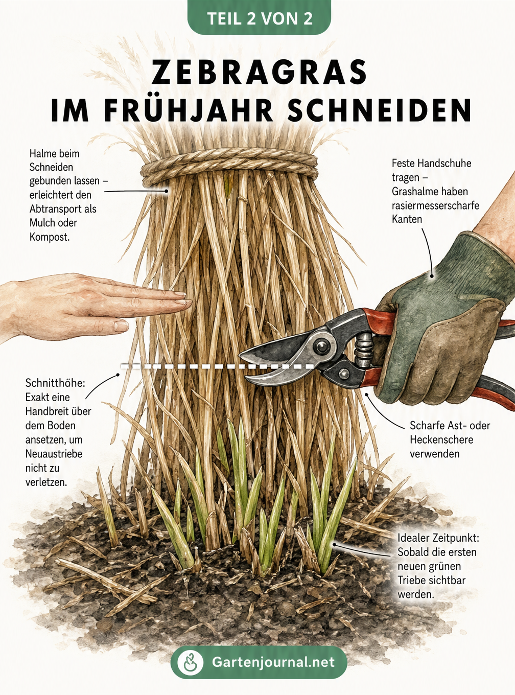Nahaufnahme eines Zebragras-Bündels im Frühjahr mit neuen grünen Trieben und einer gestrichelten Schnittlinie eine Handbreit über dem Boden.