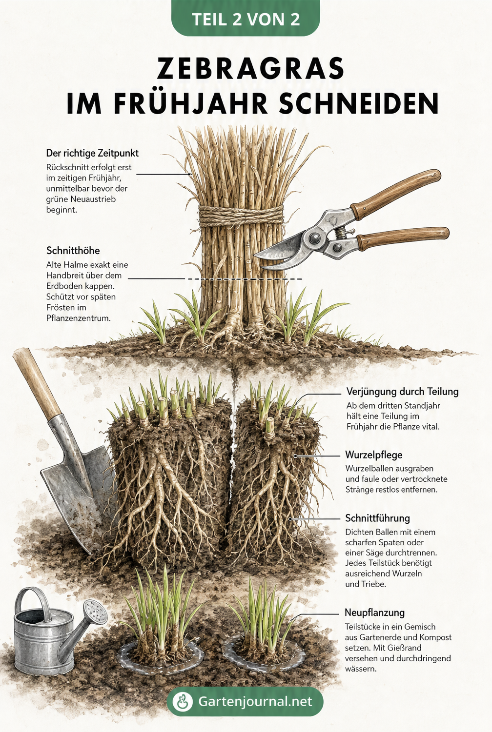 Illustration zum Rückschnitt und zur Teilung von Zebragras im Frühjahr mit Gartenschere und Spaten.