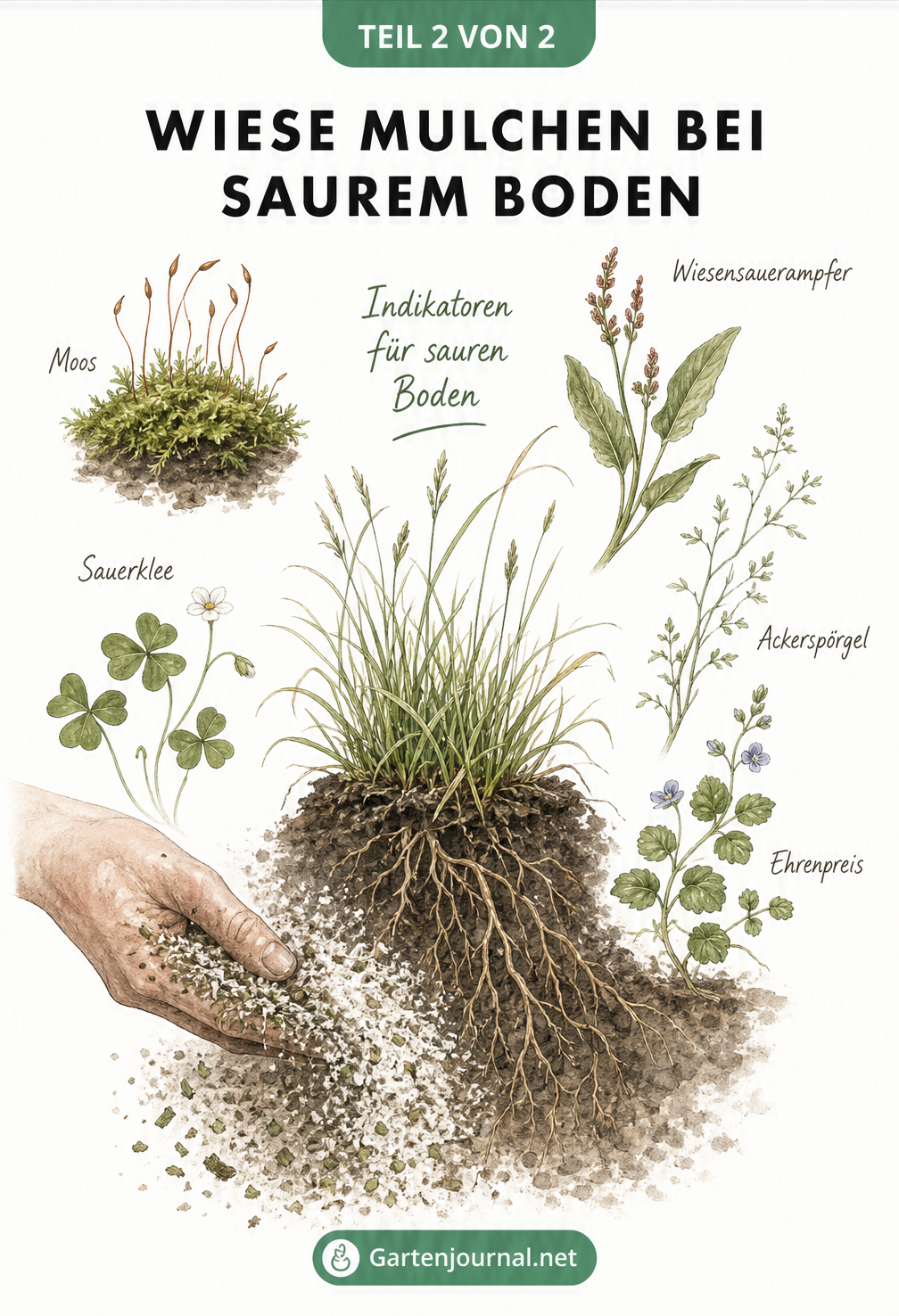 Botanische Illustration von Zeigerpflanzen für sauren Boden wie Moos und Sauerklee