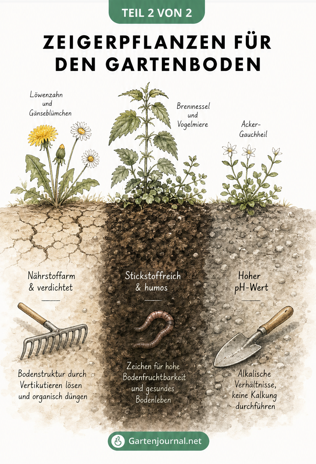 Aquarell-Illustration verschiedener Bodenarten mit Löwenzahn, Brennnessel und Acker-Gauchheil