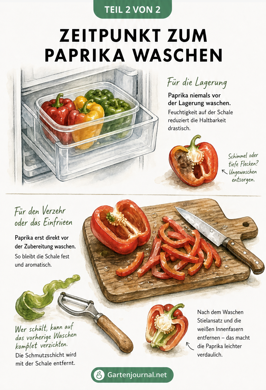 Illustration zur Lagerung und Zubereitung von Paprika, die zeigt, wann man sie waschen sollte
