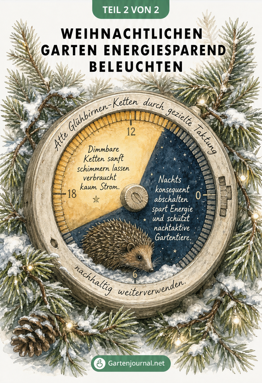 Illustration einer analogen Zeitschaltuhr in einem Tannenzweig mit einem Igel im Nachtbereich