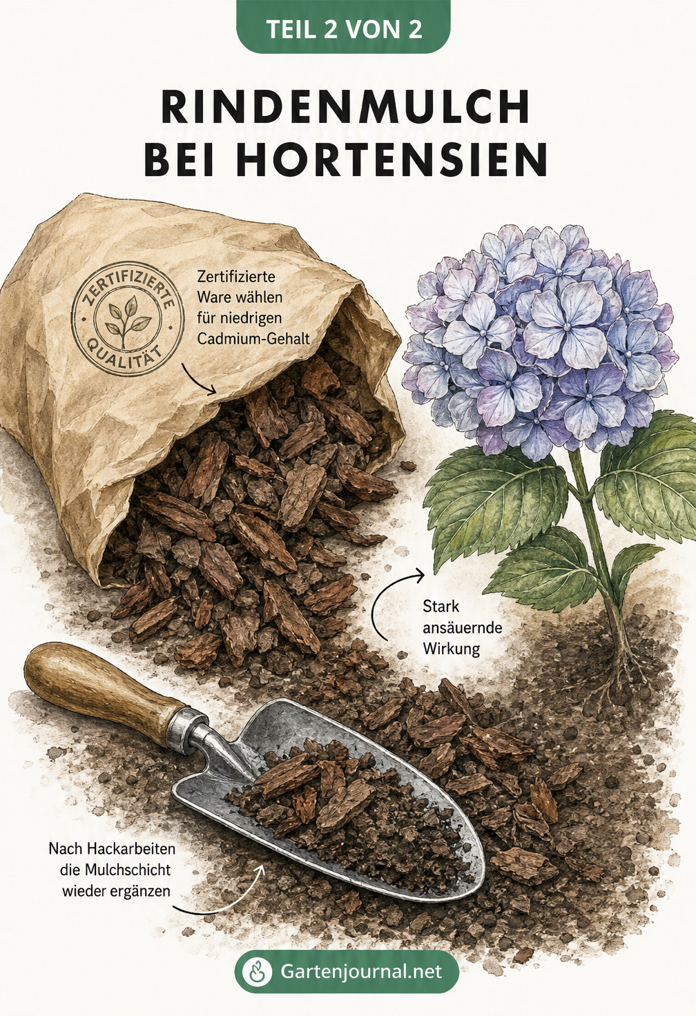 Zeichnung eines Papiersacks mit zertifiziertem Rindenmulch neben einer Hortensien-Dolde und einer Handschaufel