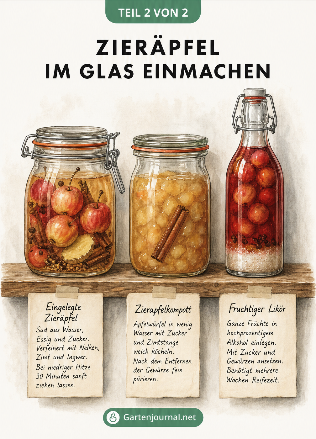 Illustration von drei Einmachgläsern auf einem Holzregal mit eingelegten Zieräpfeln, Zierapfelkompott und Zierapfel-Likör