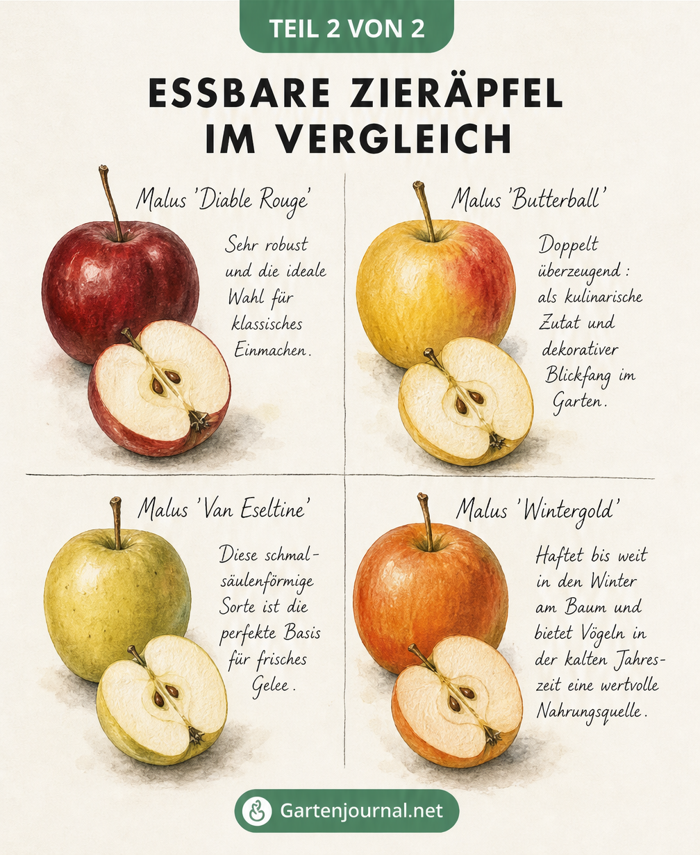 Botanische Lehrtafel mit vier Zierapfelsorten: Diable Rouge, Butterball, Van Eseltine und Wintergold