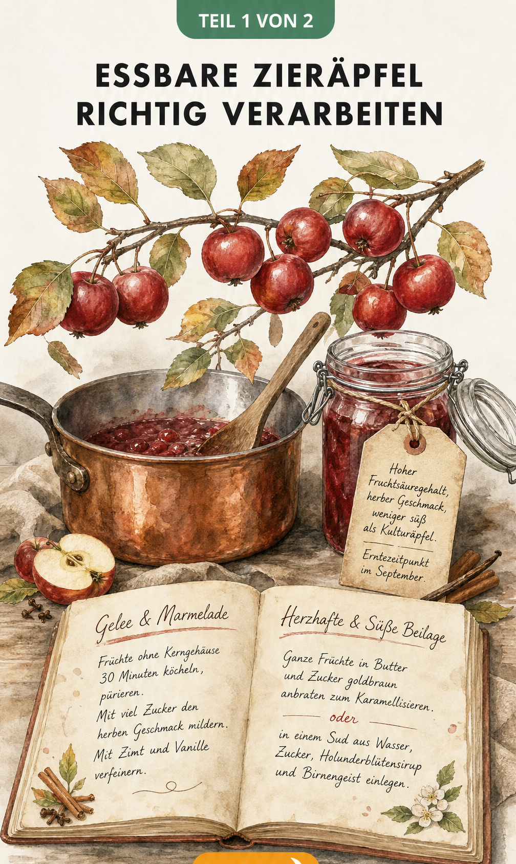 Aquarell-Illustration eines Zierapfelzweigs mit Kupfertopf, Einmachglas und Rezeptbuch zur Verarbeitung von Zieräpfeln