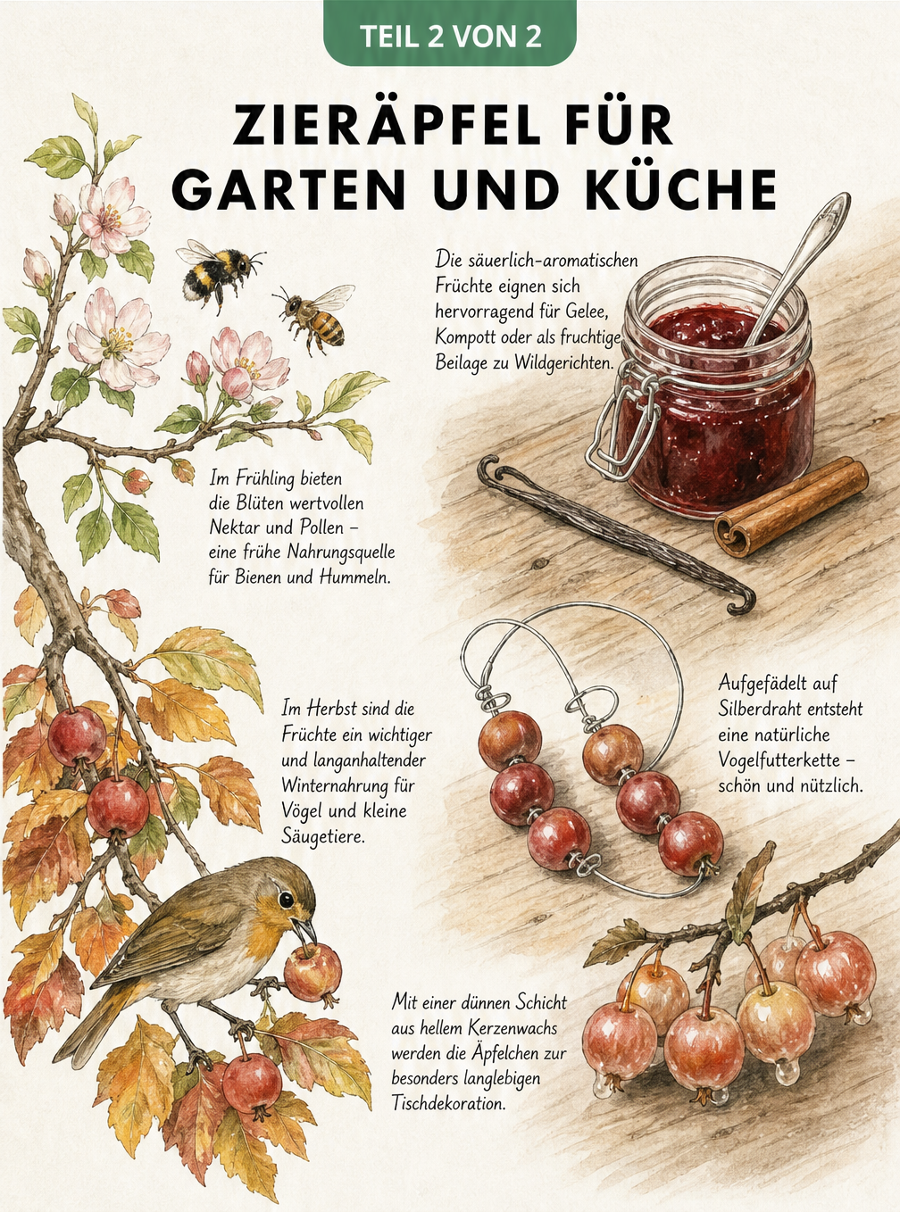Illustration eines Zierapfelzweigs im Jahreslauf als Nahrungsquelle für Tiere und Verarbeitung der Früchte zu Gelee