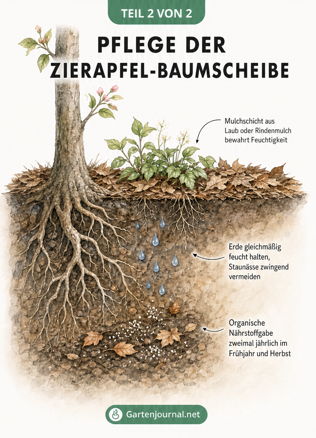 Querschnitt der Baumscheibe eines Zierapfels mit Mulchschicht, Wurzelwerk und Feuchtigkeitsverlauf