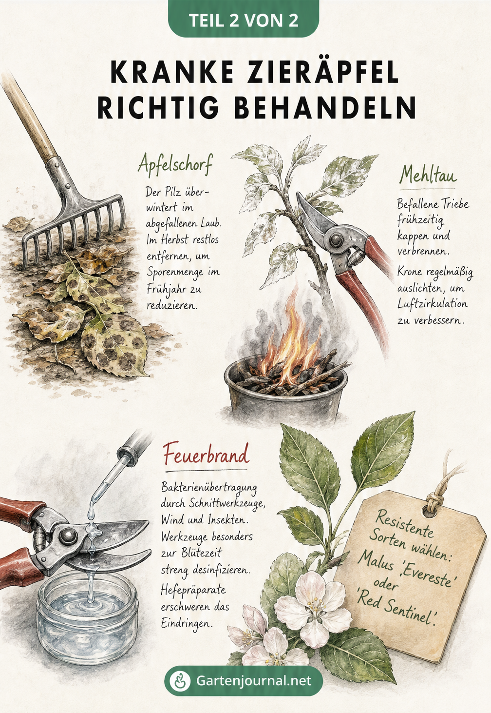 Illustration von Gartenarbeiten zur Bekämpfung von Zierapfel-Krankheiten wie Laub rechen und Triebe schneiden