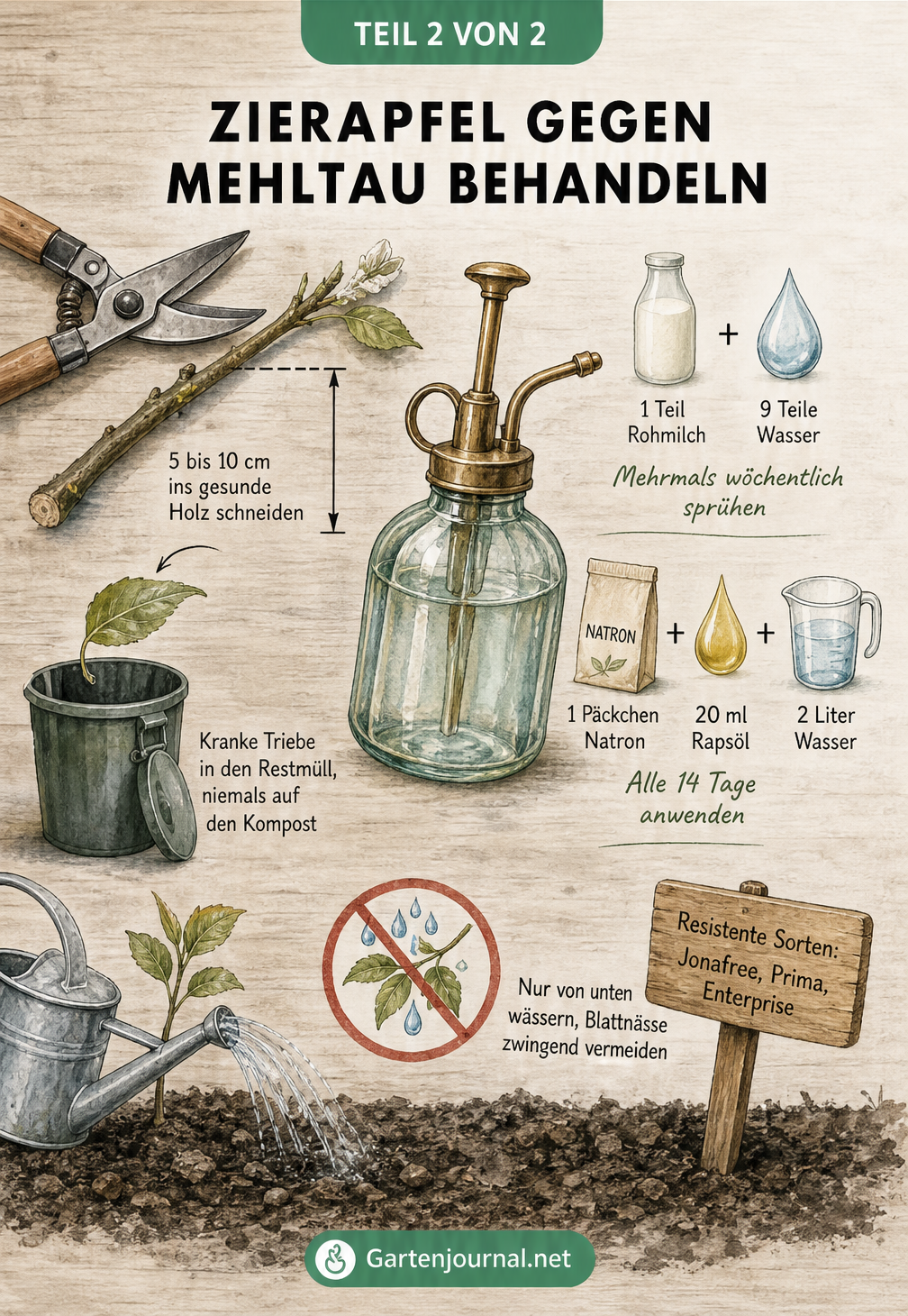 Illustration eines Gärtnertisches mit Gartenschere, Sprühflasche, Hausmitteln wie Milch und Natron sowie einer Gießkanne.