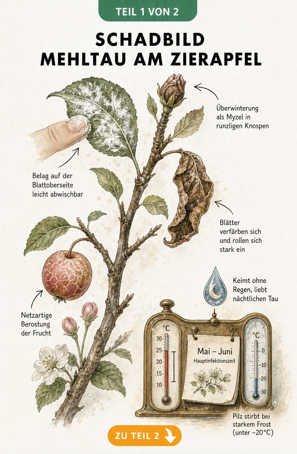 Botanische Illustration eines Zierapfelzweigs mit Mehltau-Symptomen wie weißem Belag, eingerollten Blättern und runzligen Knospen.