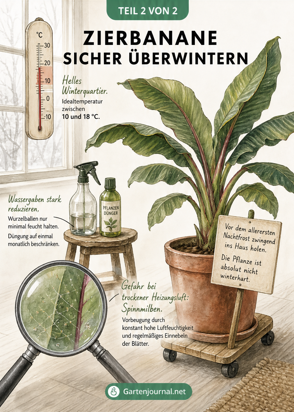 Illustration einer Zierbanane im hellen Winterquartier mit Thermometer und Hinweisen zur Überwinterung
