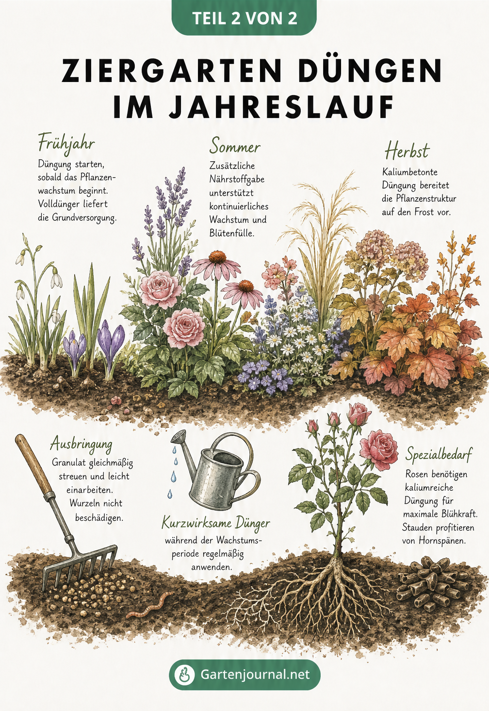 Botanische Illustration eines Gartenbeets im Jahreslauf, die zeigt, wann und wie im Frühjahr, Sommer und Herbst gedüngt wird.