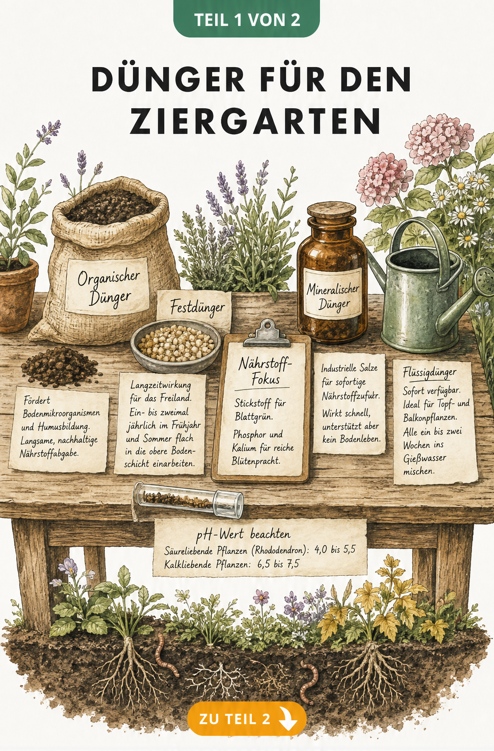Illustration eines Pflanztisches mit verschiedenen Düngerarten für den Ziergarten, unterteilt in organische, mineralische, feste und flüssige Dünger.