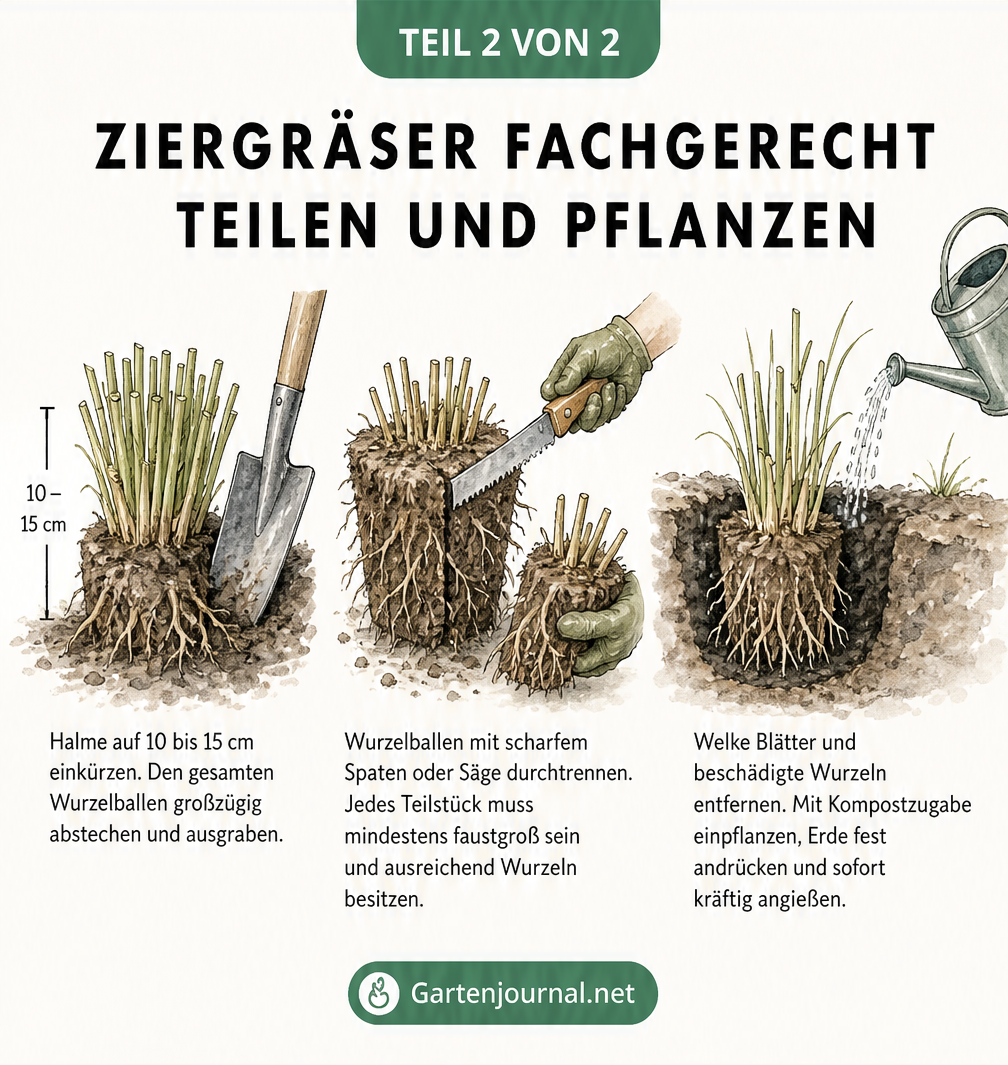 Drei Schritte zum Teilen von Ziergräsern: Halme einkürzen, Wurzelballen mit Säge durchtrennen und Teilstück mit Kompost einpflanzen