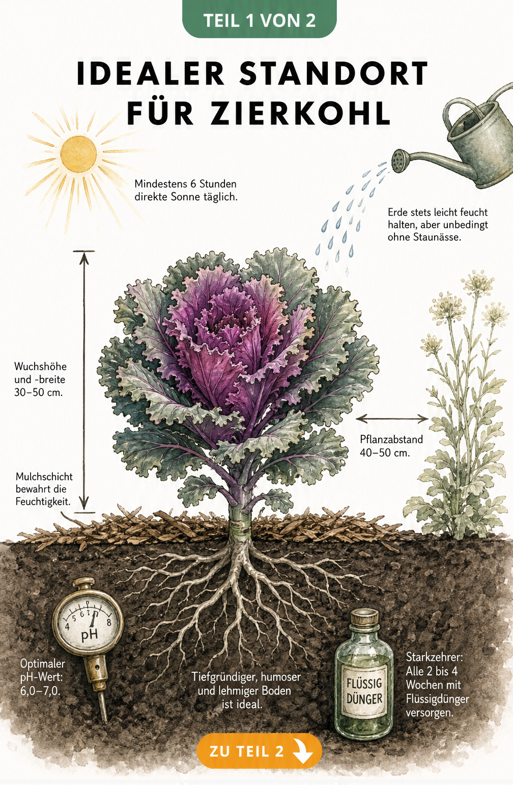 Botanische Illustration eines Zierkohls mit Wurzeln im Erdreich, Maßangaben zu Wuchshöhe und Pflanzabstand sowie Hinweisen zu Sonne, Boden und Dünger.