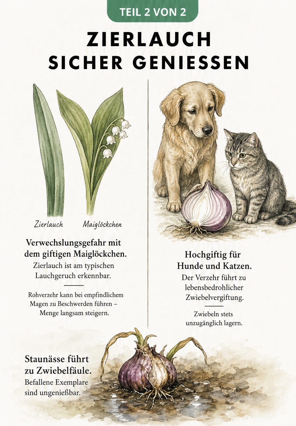 Gegenüberstellung von Zierlauch und Maiglöckchen sowie Warnhinweise zur Giftigkeit für Hunde und Katzen