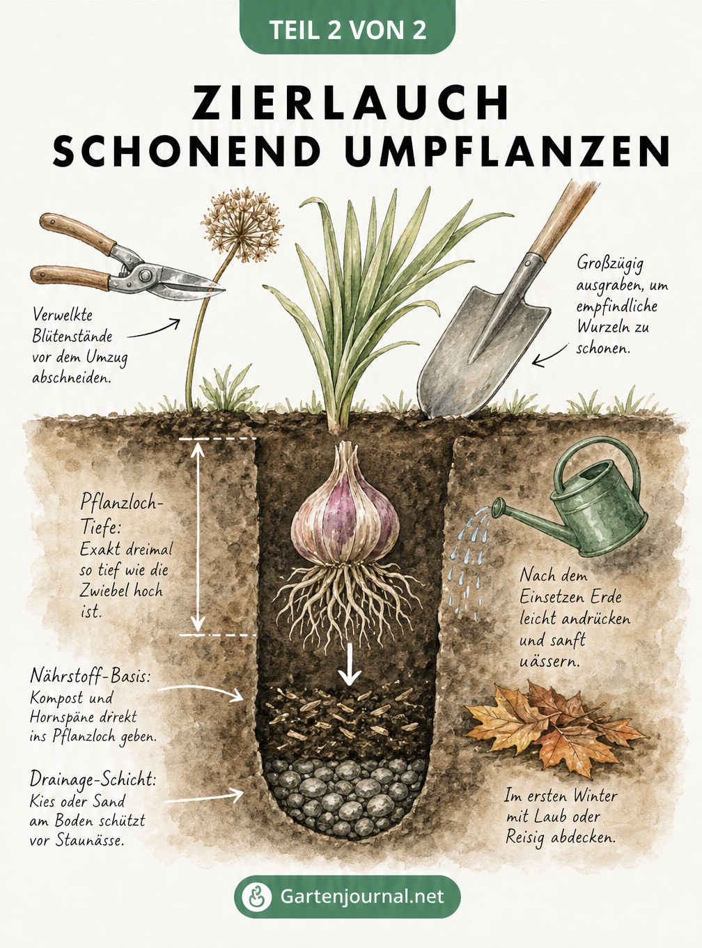 Querschnitt durch das Erdreich beim Umpflanzen von Zierlauch mit Maßpfeilen für die Pflanztiefe und Schichten für Drainage und Nährstoffe