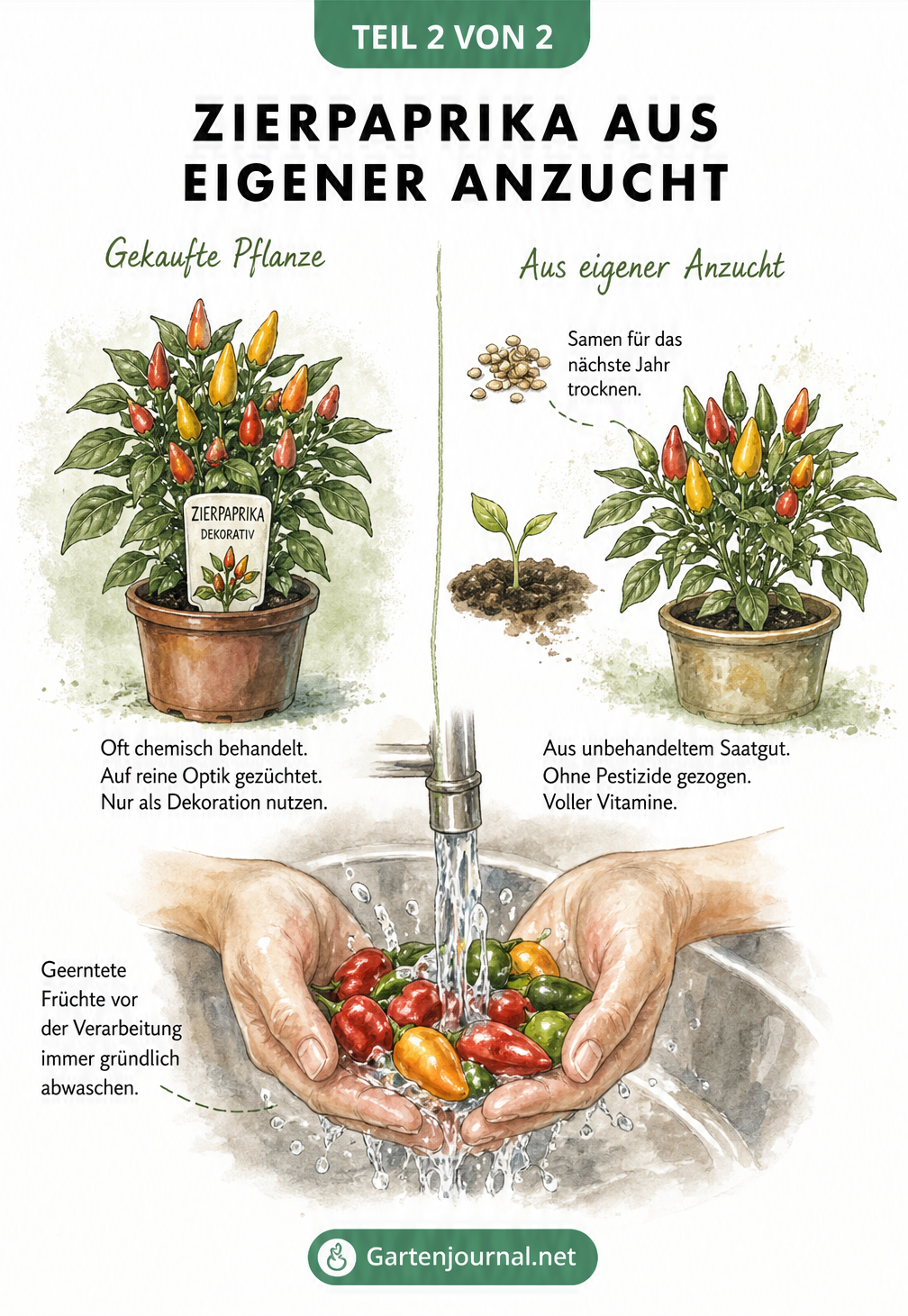 Vergleich einer gekauften Zierpaprika aus dem Gartencenter mit einer selbst gezogenen Pflanze aus Saatgut