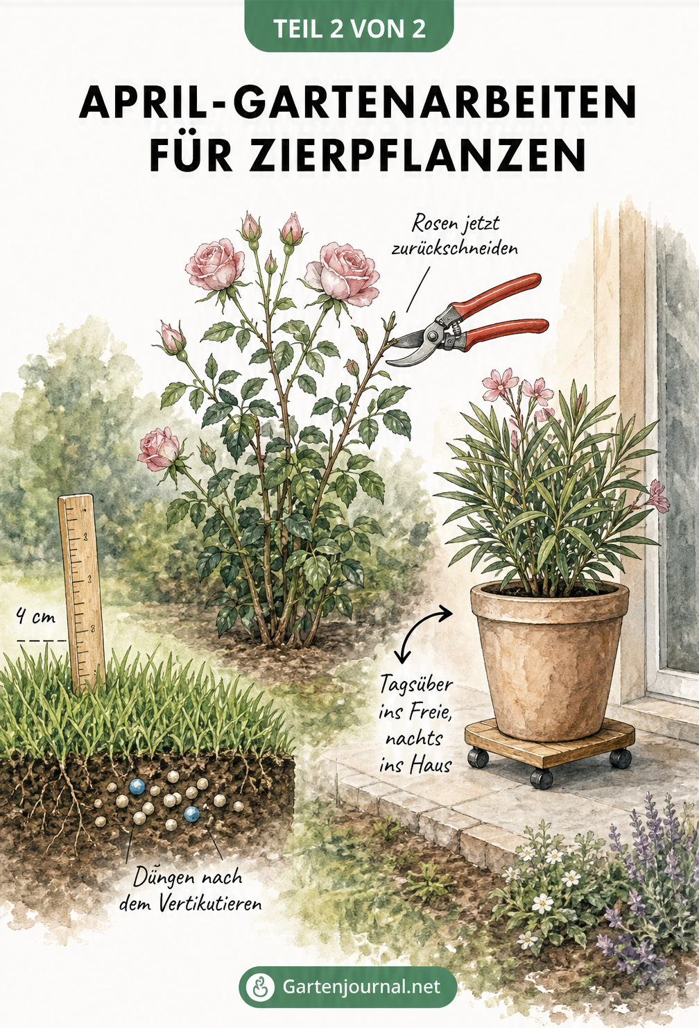Aquarell-Illustration von Gartenarbeiten im April: Rosenrückschnitt, Rasenmähen auf 4 cm und Kübelpflanzen auf der Terrasse